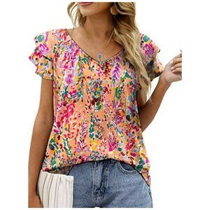 Mengpipi Floral Multicolor Tiered Short Flutter Sleeve V-Neck Top Blouse Size M